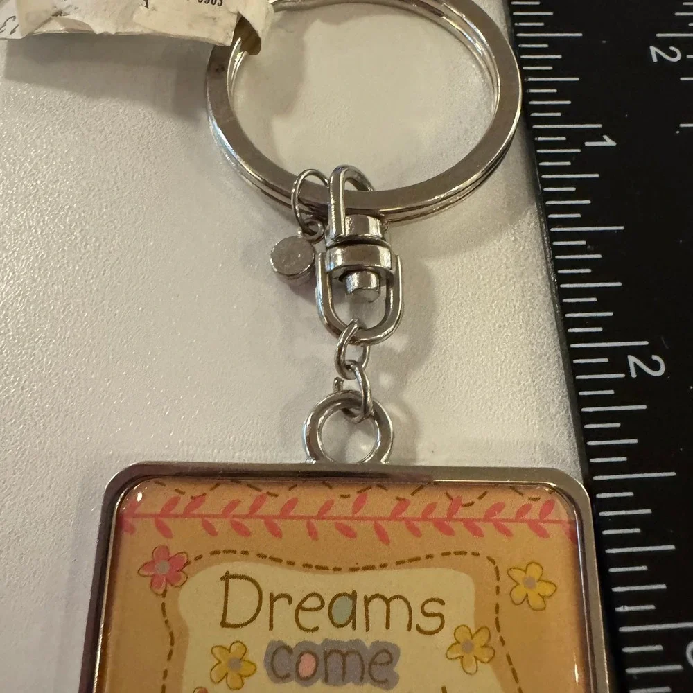 Dreams Come True Keychain Silver Tone Floral Butterfly Charm Pink Rhinestone‎